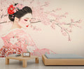 Japanese Cherry Blossom Wall Mural, Kimono Woman Geisha 3D Wall Murals, Oriental Beauty Wallpaper Mural, for Living Room Bedroom Large Wallpaper Indoor Decor 157.5" W x110.3 H