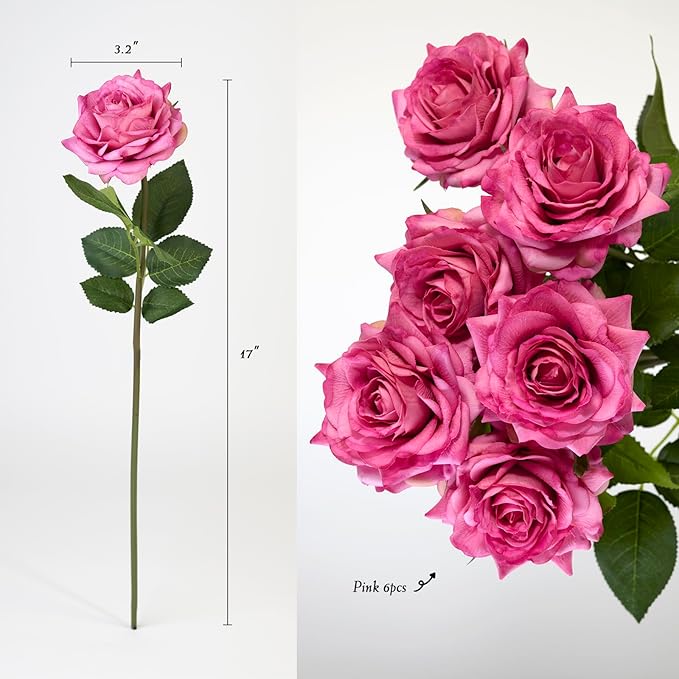 Real Touch Artificial Roses 6pcs, Floyd Roses,17.3”Faux Silk Roses Bouquet for Home Decor, Wedding Centerpieces, Romantic Gifts & Party Arrangements, Fuchsia Realistic Flowers (Pink)