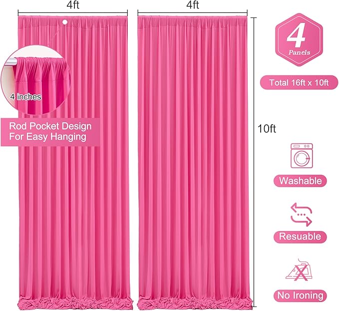 Hot Pink Backdrop Curtain 4 Panels-Wrinkle-Free Polyester Photography Drapes for Wedding Party Photo Background Decorations- 16 X10FT (Hot Pink)