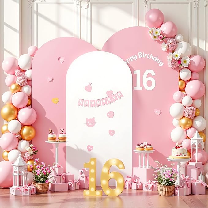 White and Pink Arch Backdrop Cover 7.2FT 6.6FT 6FT Arch Covers Stretchy Backdrop Set of 3, Wedding Arch Cover Spandex Fitted Double-Color Fabric Arch Covers for Party Baby Shower Birthday Decoration