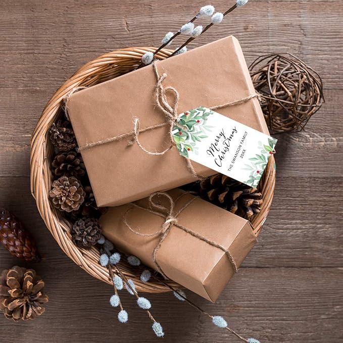 Andaz Press Personalized Christmas Holiday Season Classic Gift Tags, Merry Christmas Custom Family Name and Year, Watercolor Holly Leaves Design, for Holiday Events, Parties, and Favors, 60-Pack