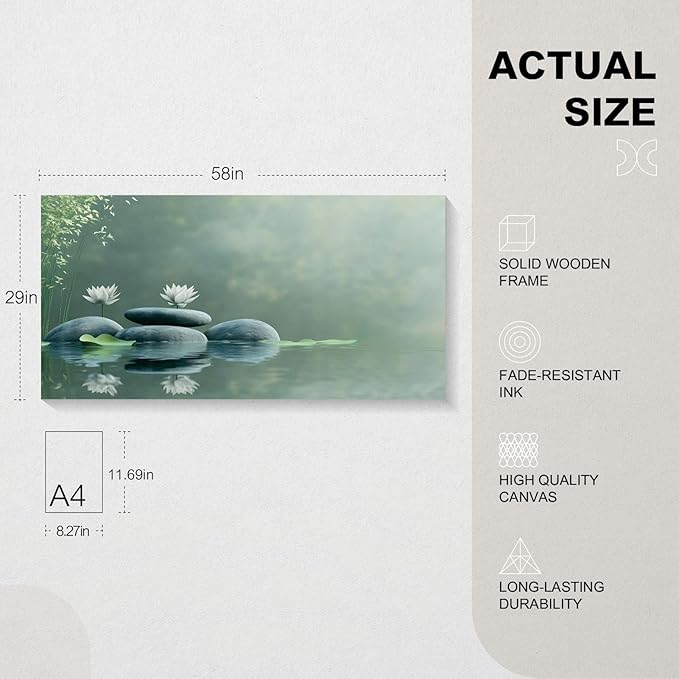 Iallbin Zen Stone Wall Art & Zen Wall Decor, Tranquil misty pond two white lotus flowers -for Yoga Meditation Room, Spa & Bathroom, Green Serenity Art Deco Style, Ready to Hang, 58x29 Inches