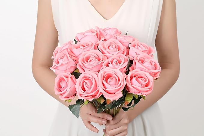SITUMEIZI 15PCS Pink Artificial Roses Silk Flowers Fake Roses Realistic Bouquet Long Stem with Gift Box for Mother's Gift Day Home Party Wedding Decorations