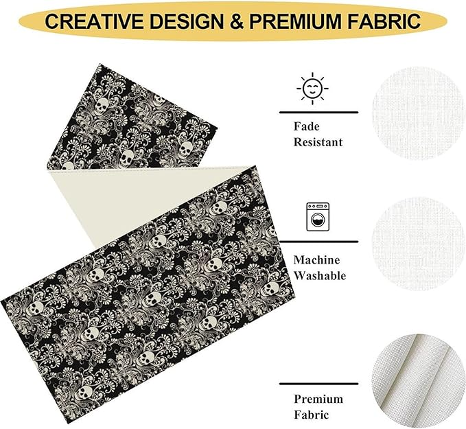 Gothic Table Runner, Black Damask Skull Boho Vintage Art Print Linen Table Center Decor Family Kitchen Outdoor Farmhouse Holiday Party Table Decorations 13x90 inch
