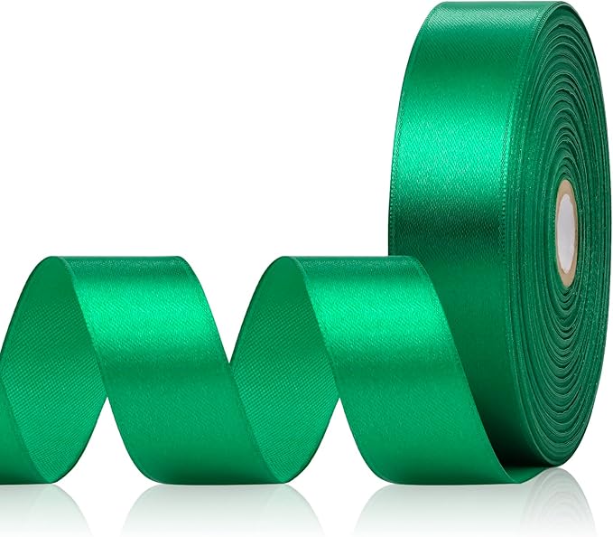 Green Satin Ribbon 1 Inch, 60 Yards Green Fabric Ribbon for Hair, Crafts, Graduation Wreaths, Flower Bouquet, Gift Wrapping, Invitation Cards, Christmas