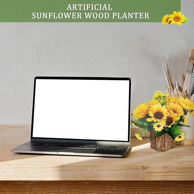 Artificial Flowers Fake Silk Sunflower Flower in Planters Flower Vase Small Rustic Potted Flower Arrangements Artificial for Home Outdoors Tabletop Decor Set of 2 (Yellow)