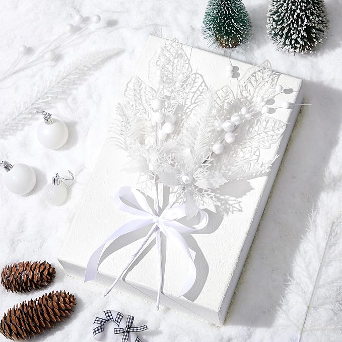 30 Pcs Artificial Christmas Tree Picks and Sprays Glitter Berry Stem Branches Holly Floral Picks Twigs Christmas Tree Ornaments for DIY Xmas Wreath Vase Filler Decorations(White)
