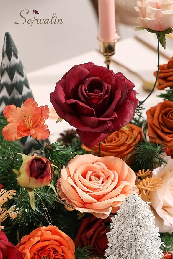 Serwalin Artificial Fall Flowers, Fake Silk Flowers Cake Flowers Roses Orange Flowers for DIY Wedding Decoration Arrangements Party Decorations Baby Shower Fall Home Decor