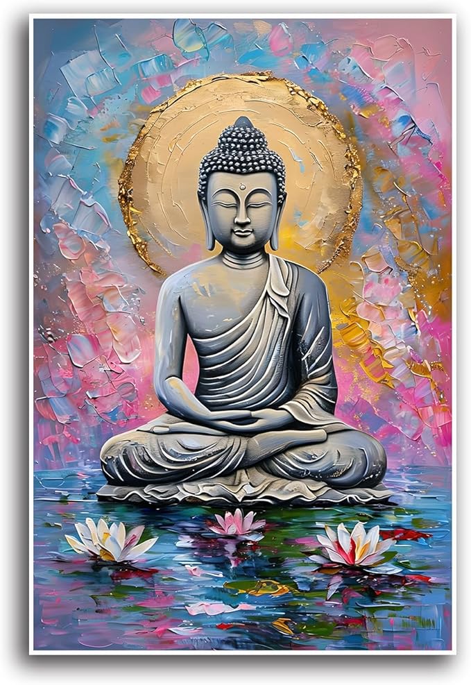 Lotus and golden Buddha meditation tranquil zen wall art mindfulness wall art for spiritual harmony and tranquility decor 12x18in Frameless