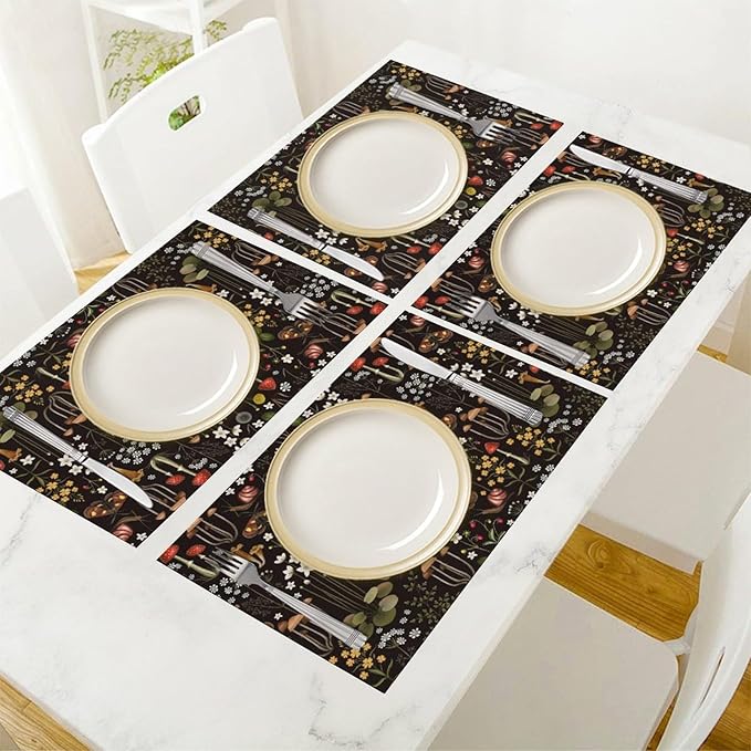 Mushroom Placemats Set of 6,Vintage Forest Moth Table Mats Heat Resistant Washable for Kitchen Dining Table Spring Summer Place Mats Linen 12x18 Inch 6 PCS, Style-4