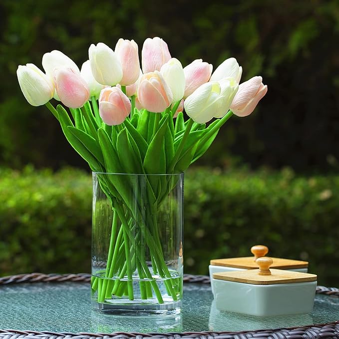 ENOVA FLORAL 20 Heads Real Touch Artificial Tulips Flowers in Vase, Mixed White and Pink Tulips Flower Arrangements with Vase and Faux Water for Home Wedding Decor, Dining Table (White Pink)