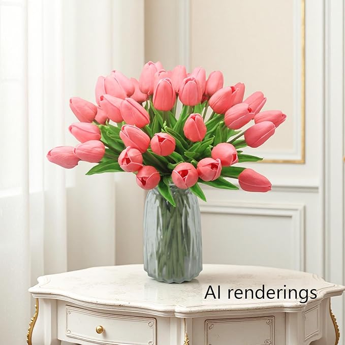 10-Heads Artificial Flowers PU Mini Real Touch Tulip Bouquets for Home Wedding Party Centerpiece Decoration (Gradient Coral)