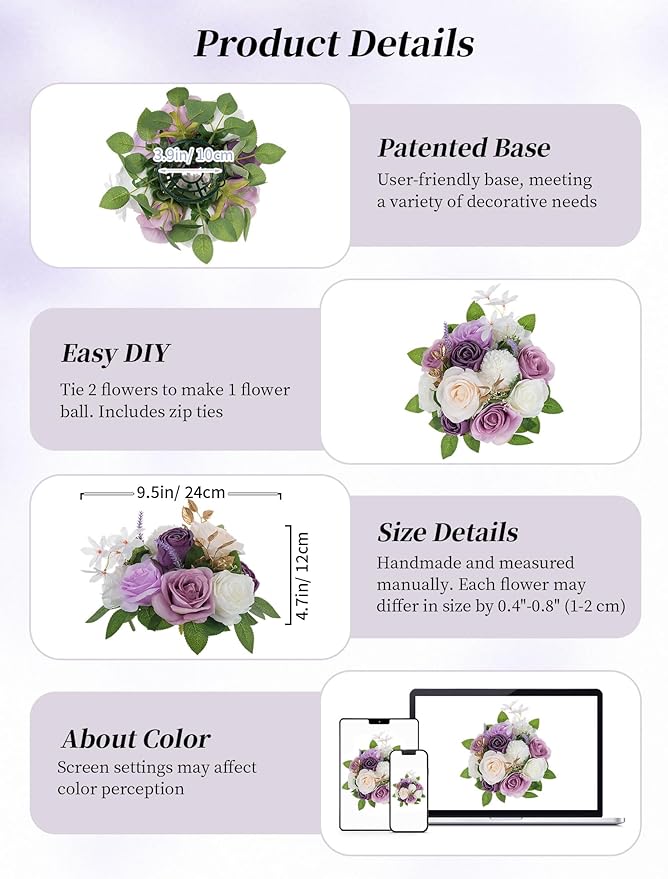 BLOSMON Artificial Flowers Ball Wedding Centerpieces 2 Pcs Lilac Rose Artificial Flower Center Pieces Decoration for Table Silk Kissing Ball Faux Floral Bouquet Arrangements for Home Party DIY Decor