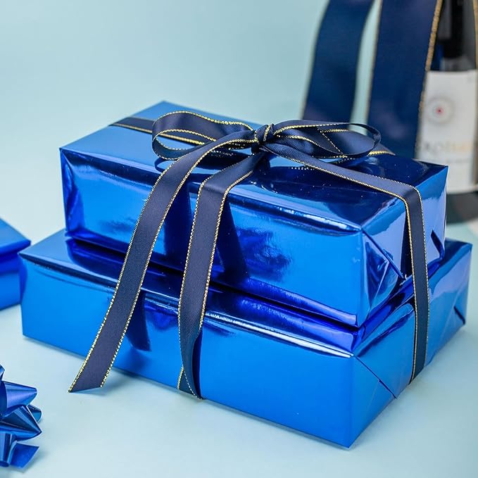 Merture Royal Blue Wrapping Paper Roll - 17 In X 32.8 Ft(46.5 sq.ft.) Metallic Blue Solid Color Gift Wrap for Birthday, Fathers Day, Baby Shower, Gender Reveal Party, Hanukkah