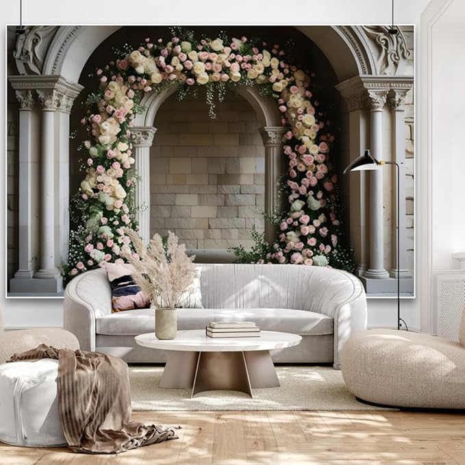 7x5ft Vintage White Pink Floral Backdrop Retro Palace Wall Flowers Arch Photography Background for Wedding Mothers Day Valentines Day Bridal Birthday Princess Couples Women Portraits