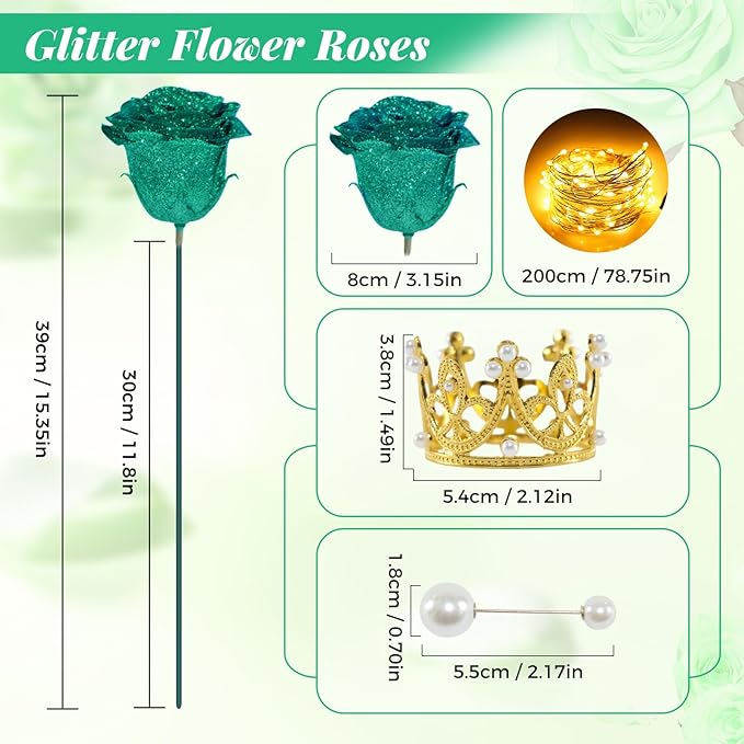 Dark Green Glitter Roses Bouquet, 24 Pcs Shiny Glitter Flowers Bouquet, Everlasting DIY Artificial Roses Bouquet for Christmas, Birthday, Anniversary, Wedding, Engagement