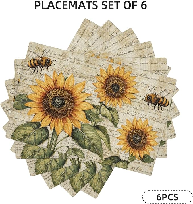 Vintage Sunflower Bee Placemats Set of 6 Washable Table Mats Rustic Spring Summer Floral Heat-Resistant Cotton Linen Place Mats for Dining Table Kitchen Indoor Outdoor Party Holiday Decor