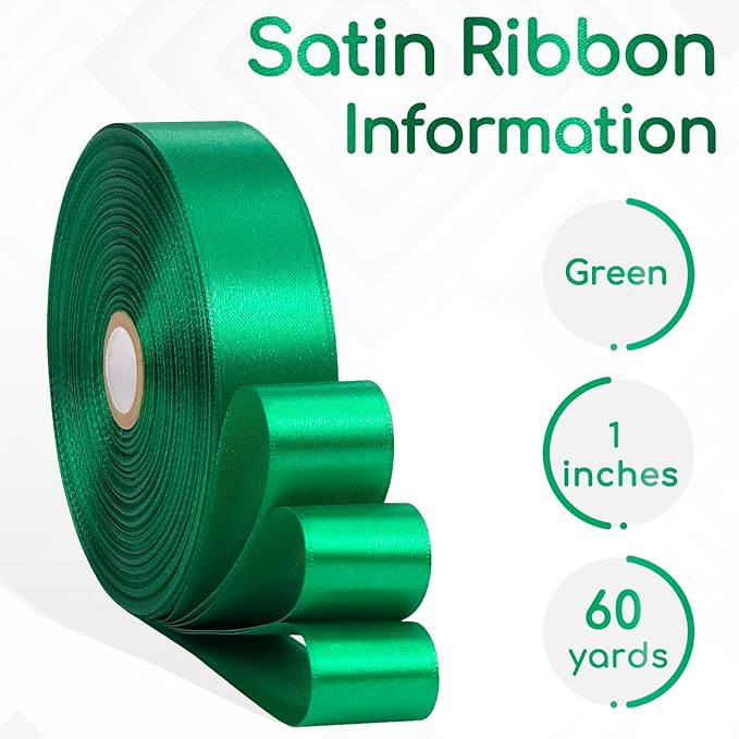 Green Satin Ribbon 1 Inch, 60 Yards Green Fabric Ribbon for Hair, Crafts, Graduation Wreaths, Flower Bouquet, Gift Wrapping, Invitation Cards, Christmas