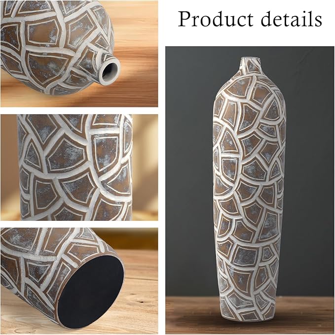 Modern Large Floor Vase,Brown Carved Texture Resin Vase for Home Decor,24.6'' Tall Flower Vases for Entryway Living Room