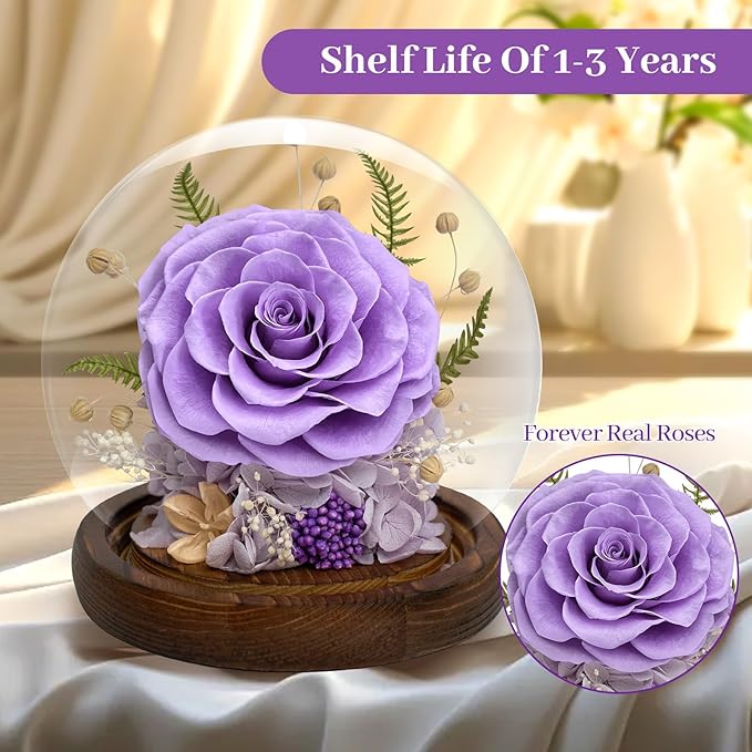 Preserved Rose Forever Flower in Glass - Birthday Gifts for Women Mom, Real Flowers for Delivery Prime | Rose Gift for Grandma Wife Sister Friend (Purple)