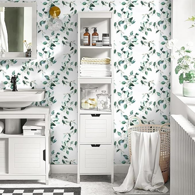 Erfoni Green and White Leaf Peel and Stick Wallpaper Floral Contact Paper for Livingroom17.7inch x 393.7inch Eucalyptus Wallpaper Peel and Stick Vintage Flower Decorative Removable Wall Paper Vinyl
