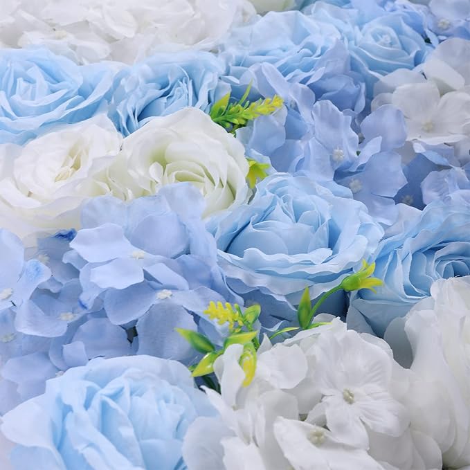 4pcs 3D Artificial Flower Wall Panels - Blue White Backdrop 24 x 16 Inch - Realistic Fake Flower Background Decor for Wedding, Birthday Party and Baby Shower