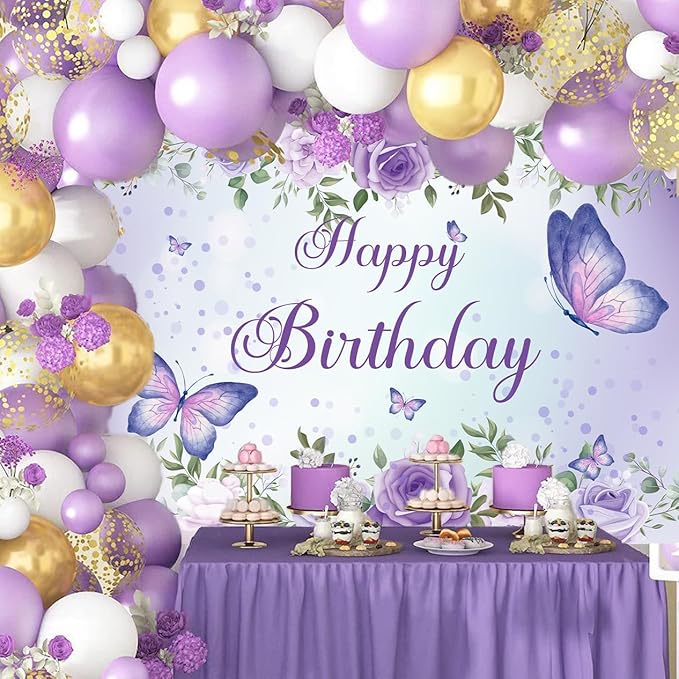 Purple Butterfly Birthday Banner Backdrop for Women Girl (59x36 inch) Purple Happy Birthday Decorations Banner for Women Rose Flowers Butterfly Backdrop Decortions for Girl