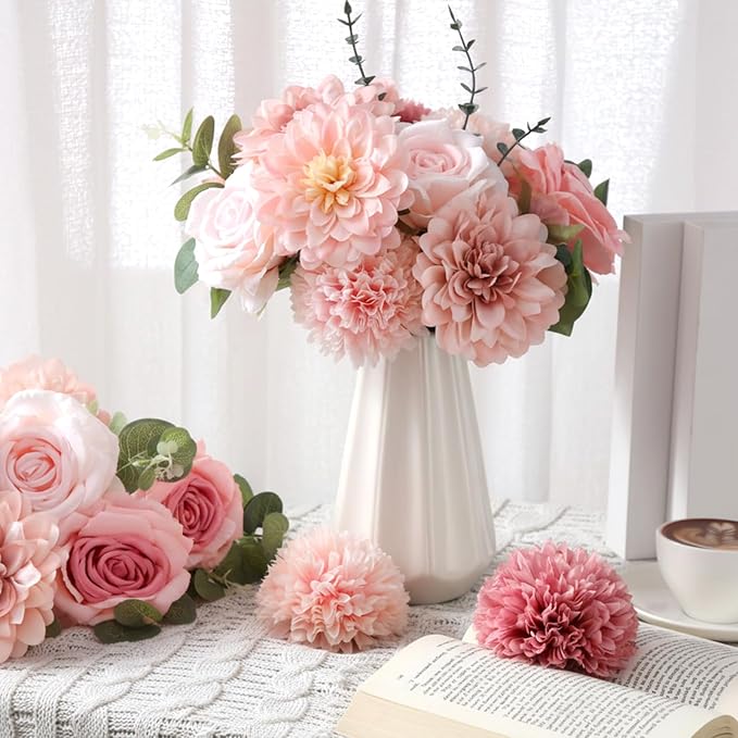 98 Pcs Assorted Faux Flowers Heads with Stem Eucalyptus Leaves Silk Artificial Flowers Bouquet Floral Table Centerpieces for DIY Wedding Party Wreath Home Decoration(Pink,Delicate Style)