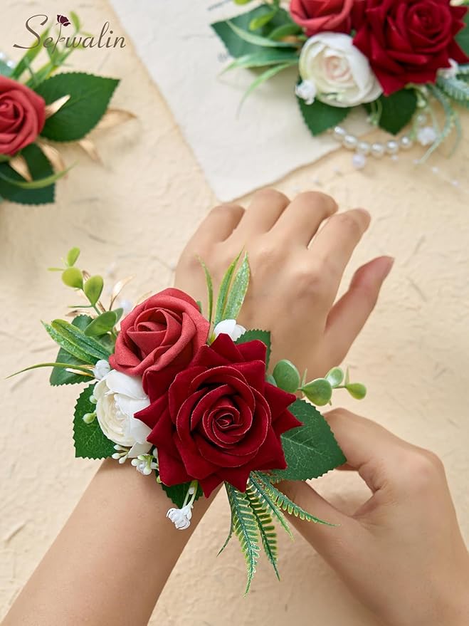 Serwalin 6 PCS Burgundy Wrist Corsage for Wedding, Roses Wrist Corsage for Prom Homecoming Party Corsage Hand Decor for Bride Bridesmaids, Mother of Bride and Groom