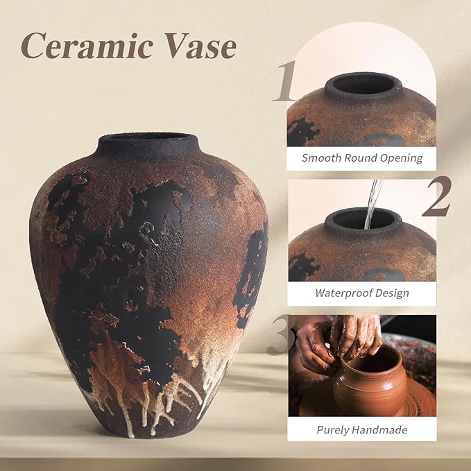 Rustic Vase for Flowers, 8.9'' Brown Farmhouse Ceramic Vases for Home Decor, Minimalist Decorative Vase for Living Room, Entryway, Shelf, Premium Pottery Clay Table Centerpiece Decor.