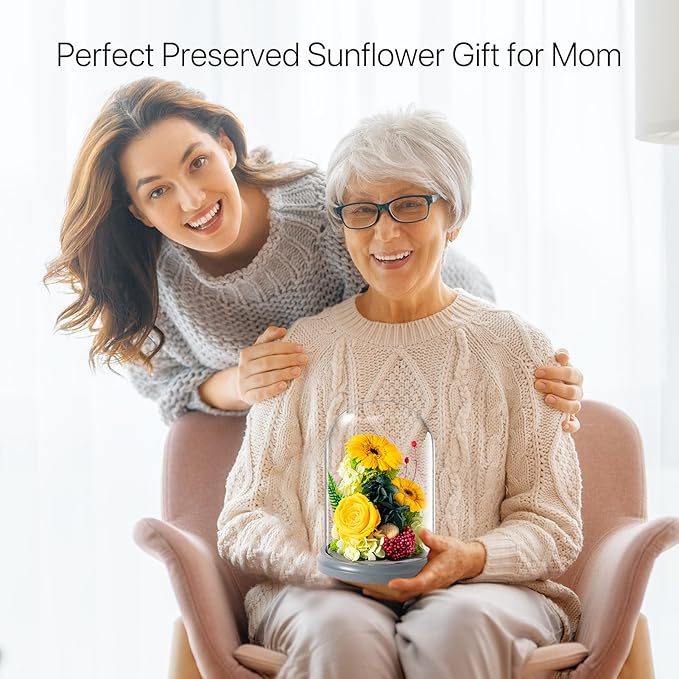 JoyFlower Preserved Sunflower Gifts for Women, Eternal Flowers Real Rose in Glass Dome, Forever Sunflowers Gift for Mom Wife Girlfriend, Unique Birthday Anniversary Graduation Sunflower Gifts for Her
