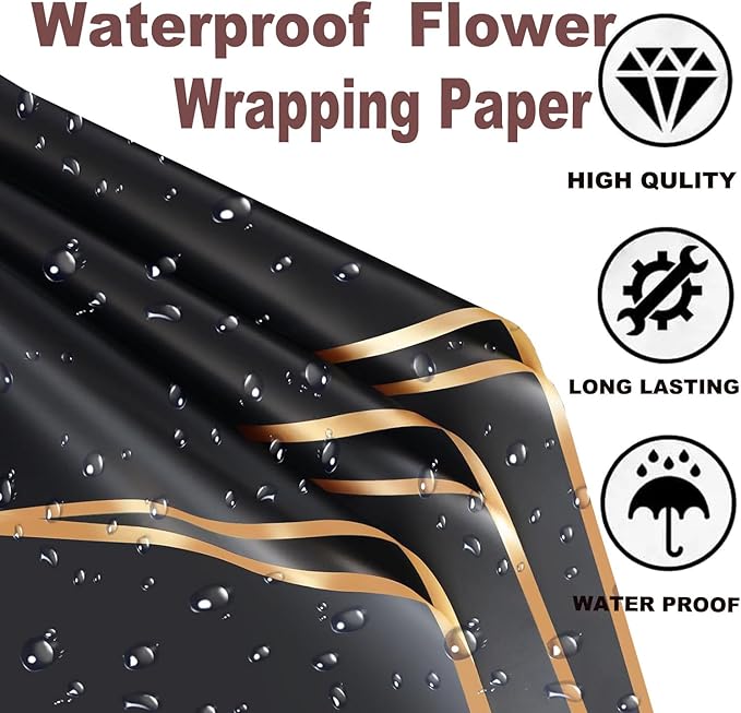 20 Sheets Flower Wrapping Paper,Black Floral Wrapping Paper Bouquet Kit with 100 Pcs Diamond Bouquet Pins 48Pcs 3D Gold Butterflies 1Roll Ribbon 10 Cards for Graduation Birthday Wedding DIY Craft