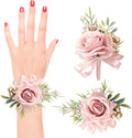 2 Pcs Pink Rose Wrist Corsage and Boutonniere Set, Rose Corsage Hand for Women, Boutonniere for Men Wedding Artificial Flowers Accessories Prom Decor, Wedding Party Accessories (Pink)