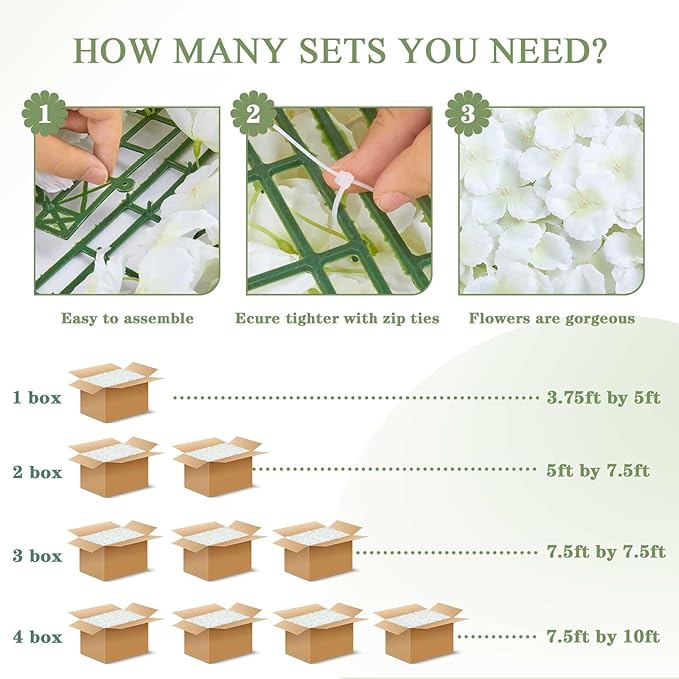 White Flower Wall Panels Backdrop with Green: Wedding Artificial Flower Wall Backdrop 3.75ft by 5ft Hydrangea Floral Wall for Anniversary Graduation Party Decoration (12 Pcs 15 x 15 Inch)