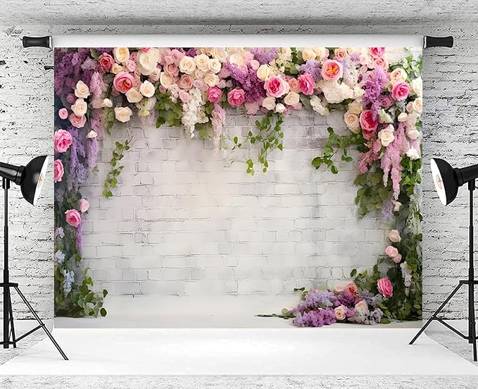 12x8ft Wedding Backdrop Rustic White Brick Wall Flowers Photography Background Bridal Shower Wedding Party Adults Portraits Decoration Supplies Photo Booth Props