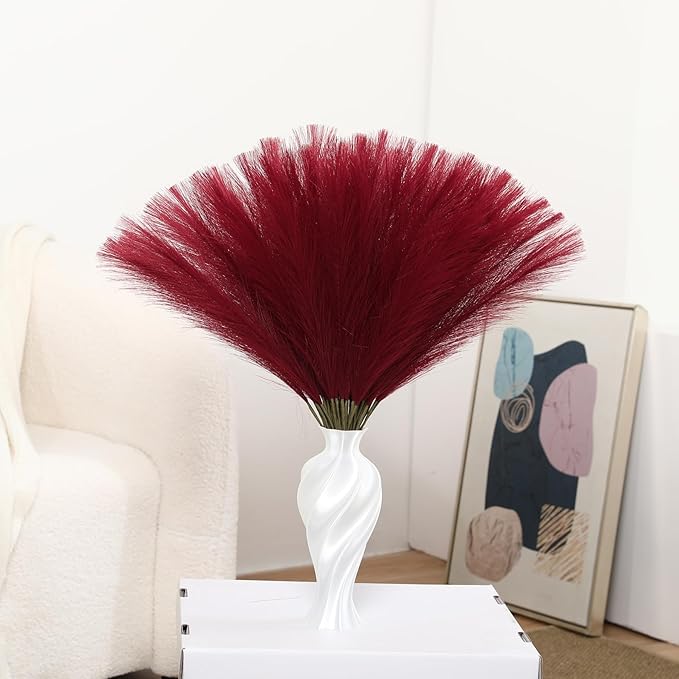 Faux Burgundy Pampas Grass - 30pcs 24 Inch Artificial Pampas Grass Decor Tall, Fake Pompas Grass for Vase Filler, Table Centerpieces, Wedding, Party and Home Decor (Burgundy, 60 Pieces)