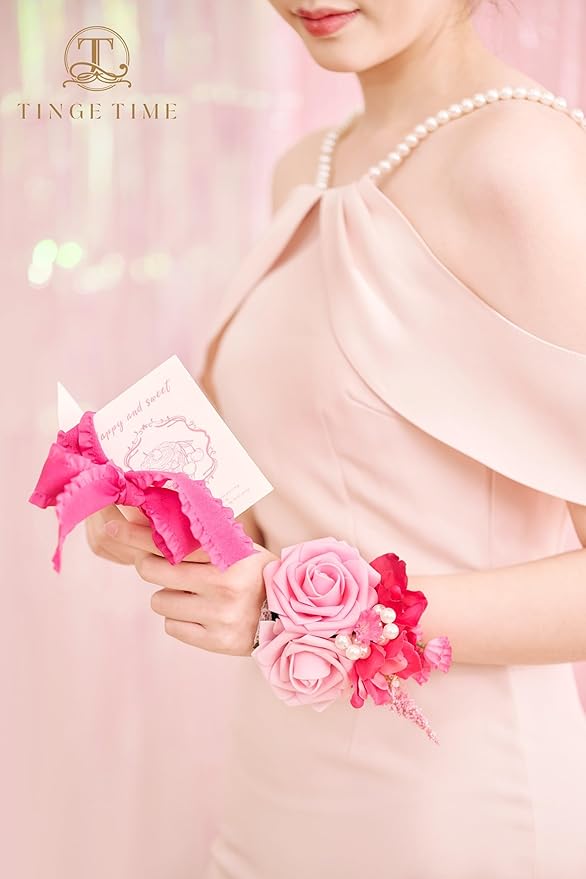 TINGE TIME Set of 2 Peach Pink Wrist Corsage Bracelets Pearl Wristlet Band Bridesmaid Bracelet for Wedding Ceremony Bridal Shower Wedding Artificial Flower Prom Hot Pink