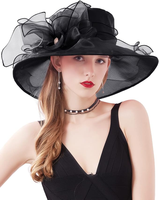 Organza Derby Hats for Women Wide Brim Fascinator Hat Rose Flower Wedding Tea Party Hat