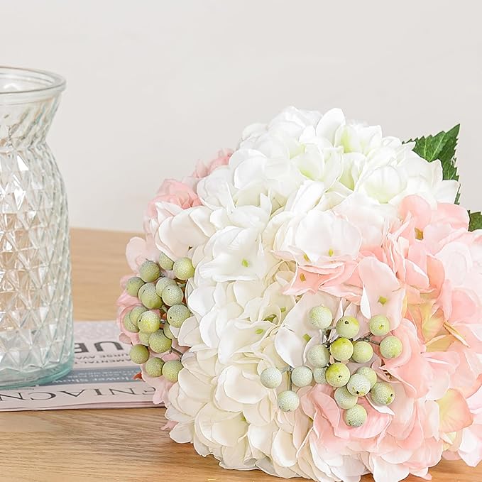 Wracra Hydrangeas Floral Arrangement in Glass Vase, Fake Flowers Silk Hydrangea Artificial Flowers with Vase for Home Office Decoration, Dining Table Centerpiece(Pink)