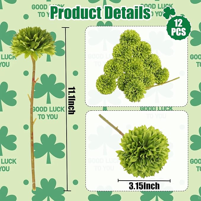Tinsow 12 pcs Artificial Flowers Green Faux Ball Chrysanthemum Bouquet Flowers Wedding Bouquet for Spring Home Garden Party Wedding Decoration St Patricks Day Table Centerpiece