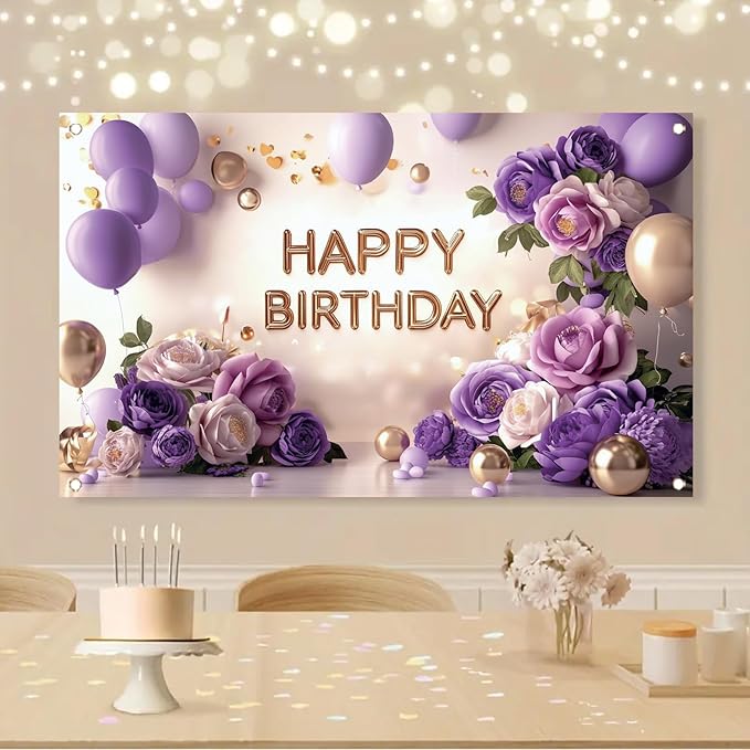 Purple Gold Happy Birthday Backdrop Banner Elegant Flowers Balloons Photography Background Glitter Birthday Decorations for Women Girls Party Supplies Photo Booth Props 71x43 Inch