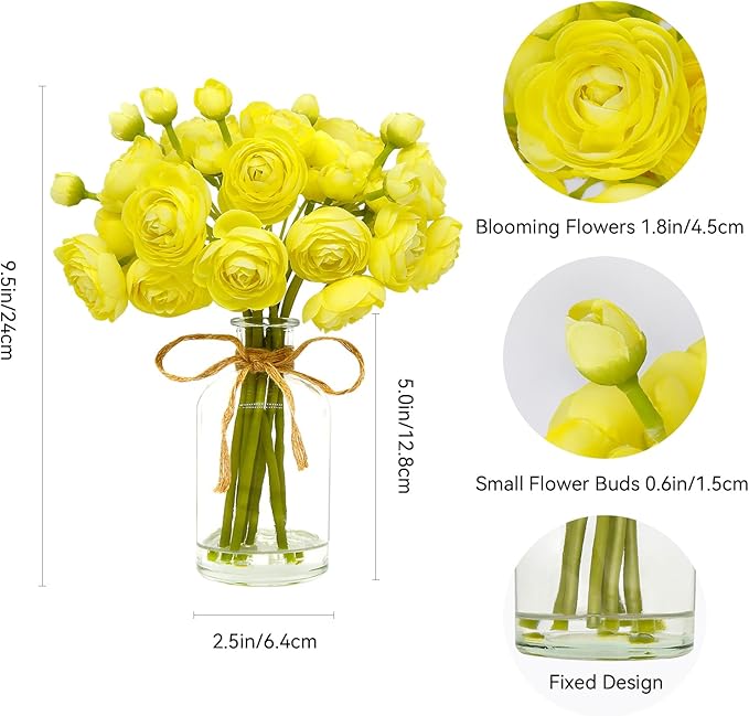 Ranunculus Artificial Flowers with Vase, 2 Pack - 8 Pcs Faux Silk Ranunculus Flower in Vase, Small Flowers Arrangements for Home Decor Indoor, Table Centerpiece. (Light Yellow)