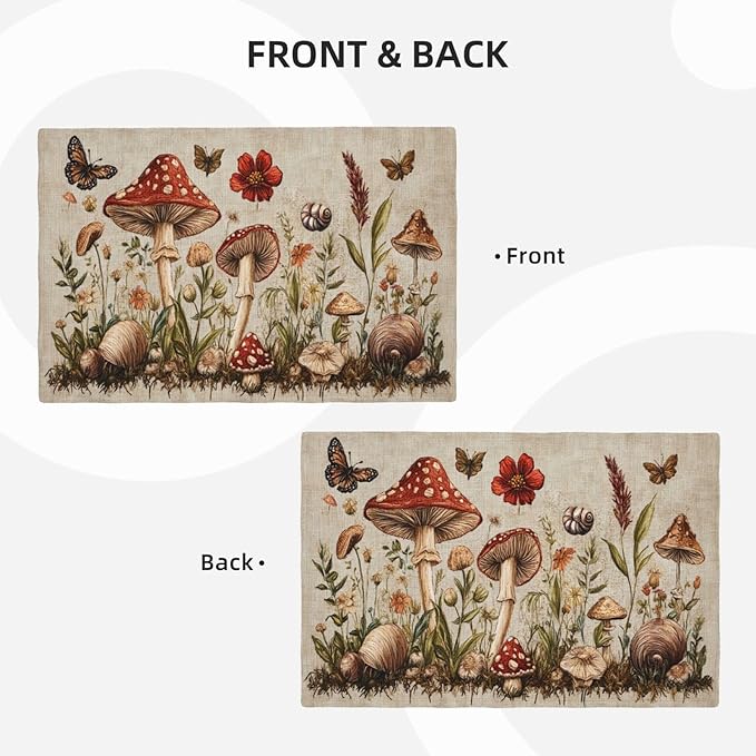 Rustic Mushroom Placemats Set of 6 Washable Table Mats Vintage Botanical Leaf Heat-Resistant Cotton Linen Place Mats for Dining Table Kitchen Indoor Outdoor Party Holiday Decor