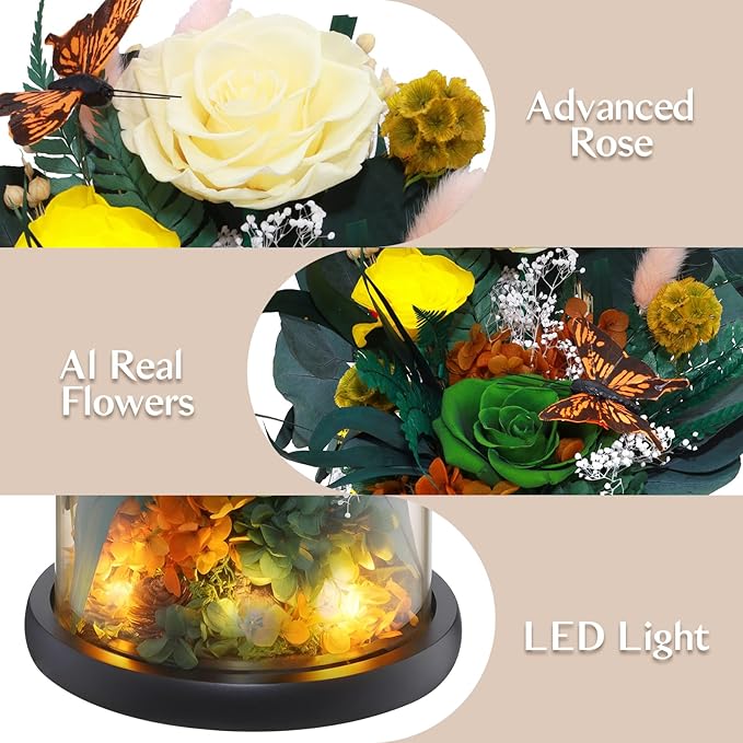 Preserved Rose with Butterfly, LED Forever Flowers in Glass Dome, Eternal Flowe for Women, Birthday Gifts for Mom Friend, Includes Greeting Card & Luxury Gift Box (Green)