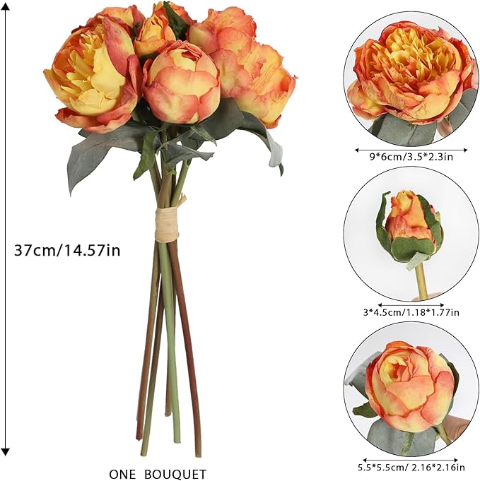 Fake Peonies 2 Bouquets Vintage Silk Peonies Flower 14 Heads Orange Artificial Flowers with Stems for Terracota Wedding Decoration Flowers Crafts Floral Arrangement (Orange)