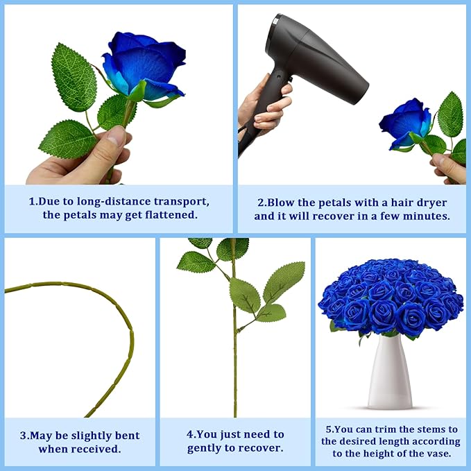 Bulk Artificial Flowers 100 PCS, Fake Velvet Silk Blue Roses with Long Stems Realistic Bouquet for Wedding Centerpieces, Faux Arrangement for Home Table Decor