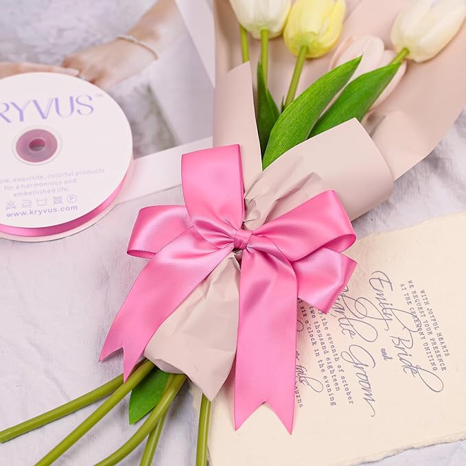 Double Faced Hot Pink Satin Ribbon, 1-1/2 Inch X 50 Yards Polyester Ribbon for Gift Package Wrapping, Crafts, Bow Making, Sewing, Flower Bouquet, Wedding Party Decor