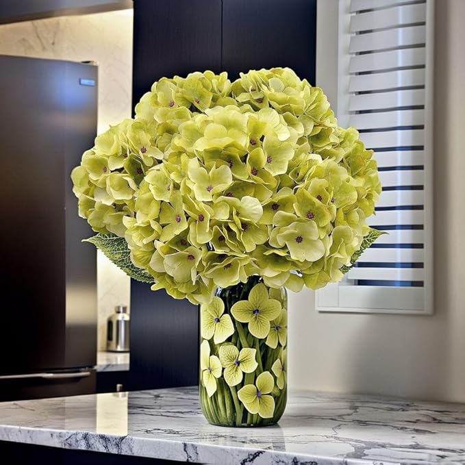 2Bouquets Artificial Fake Flowers Plants Silk Hydrangea Arrangements Wedding Bouquets Decorations Plastic Floral Home Kitchen Garden Party Festival Bar DIY(Chartreuse,5 Flower Heads)