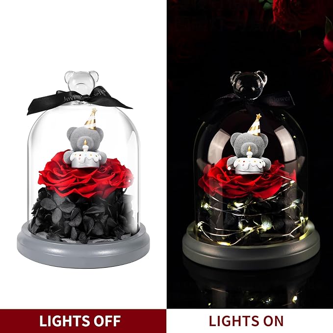 JoyFlower Preserved Flower Birthday Gift for Women, Red Preserved Rose Bear in Glass Birthday Gifts for Girlfriend, Eternal Flower Teddy Bear Gifts for Wife Mom Her Grandma Daughter Sister on Birthday