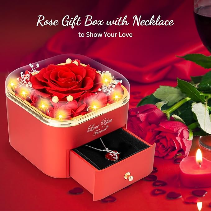 Preserved Red Real Rose with Necklace Jewelry Box -Eternal Flowers Rose Gifts for Grandma Wife Girlfriend on Valentines Mothers Day Christmas Birthday Anniversary Romantic Gifts for Her